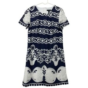 J.Crew Women Size 8 Shift Dress Navy White Lace Applique E9490 Short Sleeve Mini